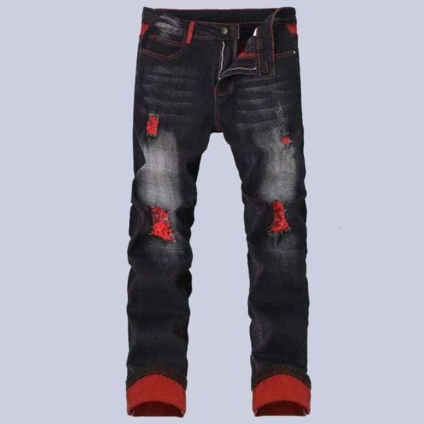 Elastic Patch Style Jeans Black Red Design Slimming Men's Clothing Cozy Denim Pants Personalized Hip Hop Trend Trousers W260307