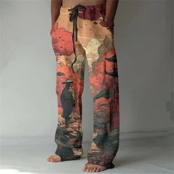 Mens Linen Blended Casual Pants With Bamboo 3D printing Fashionable mens Loose Casual Pocket Drawstring Sports Pants260228BJ
