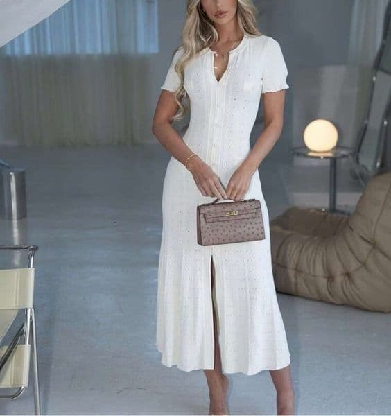 2026 Spring/Summer Designer Women's Fashionable Elegant Slimming French Short Sleeve Round Neck Long Knitted Dress