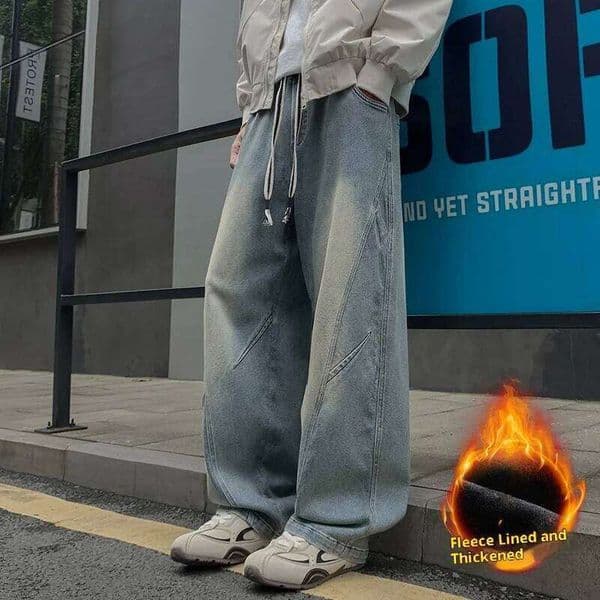 New Men's Fleece-Lined Wide-Leg Jeans Winter Vintage Washed Elastic Drawstring Waist Denim Trousers Men 8XL Loose Fit Jean Pants W260307
