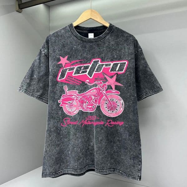 Y2K Pink Retro Motorcycle Street Print Men Tshirts Breathable T Shirts Loose Cotton Tee Clothing Casual Tops Oversize Tees 260228BANJIA