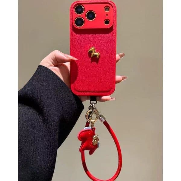 New Year Red Little Golden Horse Compatible iPhone 17 Max Phone Case Apple 16/15 Pro Lychee Pattern 14 with Lanyard