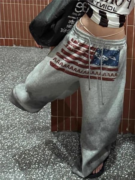 Y2K College American Hip-hop Goth Print Drawstring Wide Leg Sweatpants Loose 90s High Street Sports Trousers Floor Length Pants 260304