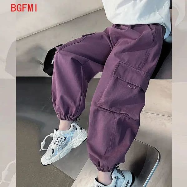 Girls Purple Casual Pants Big Childrens Clothing Korean Black Cargo Long Pants Girls Spring Fashion Cotton Trousers 260306