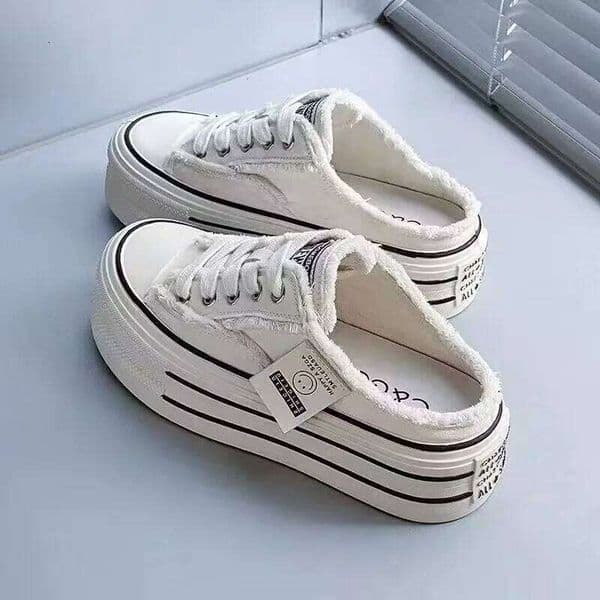 Women's Baotou Slippers Autumn New Round Head Lace-up Canvas Shoes No Heel Lazy Thick Sole Half Drag