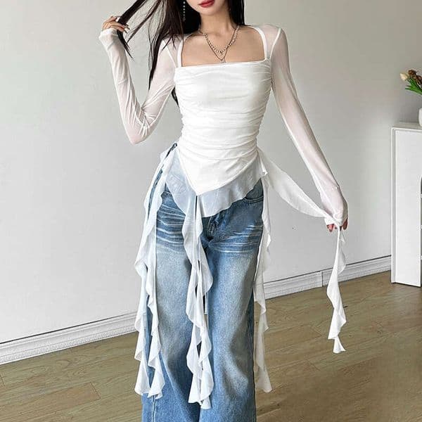 Cross-border 2026 Autumn New Women's Fashion Sexy Square Neck See-through Slim Fit Top with Ruffled Irregular Hem T-shirt
