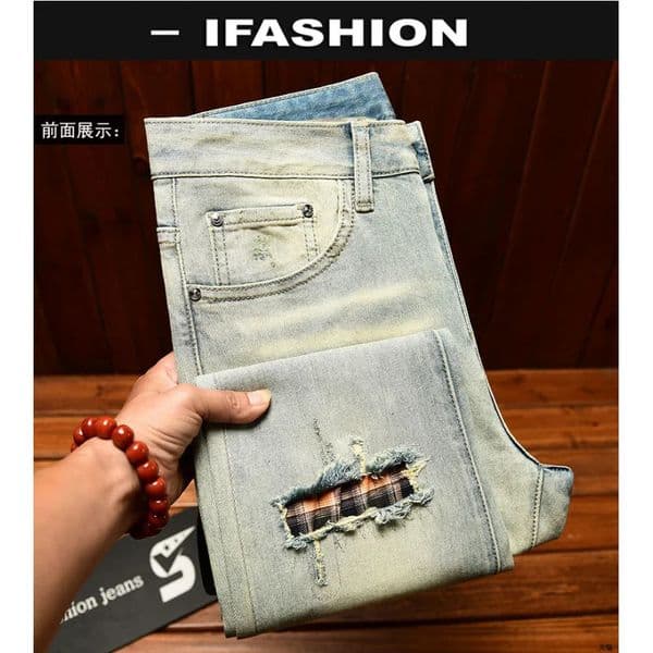 2025 Summer Thin Mens Clothing Trendy Slimming Small Leg Jeans Vintage Punched Pants 260302BANJIA