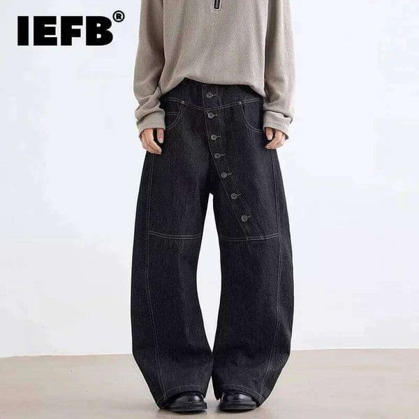 IEFB High Street Men's Jeans Solid Color Button Design Line Straight Denim Pants Niche Wide Leg Loose Male Bottom Fashion 9X359 H260306