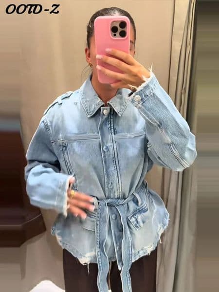 Belt Denim Women Jacket Lace Up Full Sleeve Lapel Female Coat 2026 Spring High Street Elegant Single Breasted Lady Outwear 260306