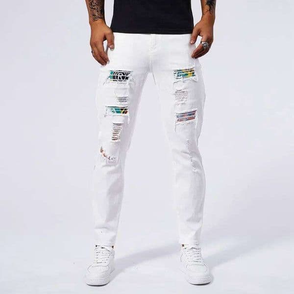 White 2024 new summer slim fit jeans straight leg casual for men stretch denim ripped pants W260307