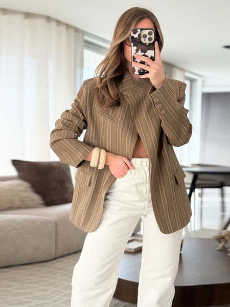 Casual Striped Blazer Women Standneck Shoulder Pad Long Sleeves One Button Pockets Coats Female Spring Chic Outwears 260306