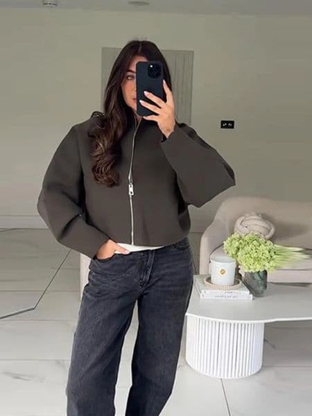 Women Solid Knitted Short Cardigan Casual Lapel Full Sleeve Zipper Loose Cropped Coats Lady Daily Commute Fashion Outwear 260305