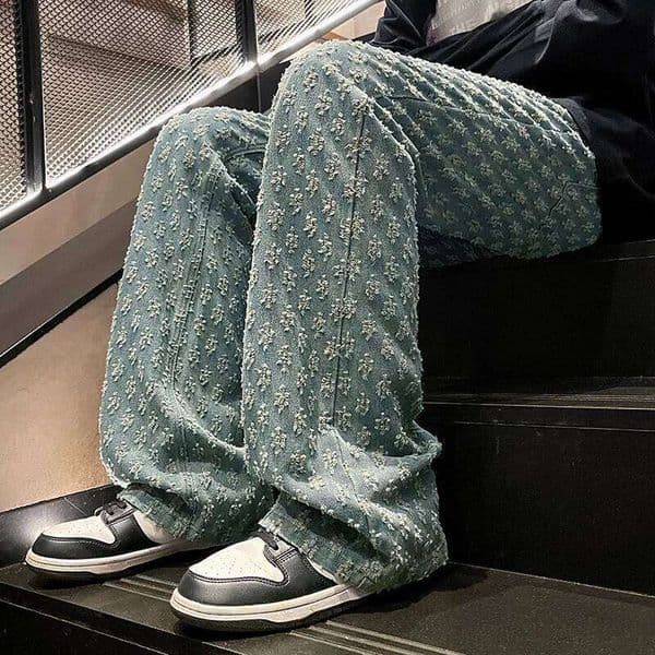 American Street Men Retro Embroidered Print Denim Trousers Fashion Brand Jacquard Design Men's Y2K Wide Legs Hip Hop Jeans H260306