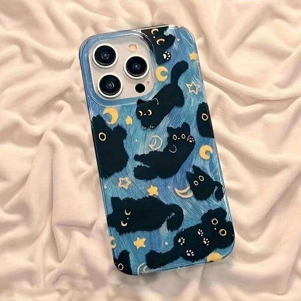 Phone Case For iPhone 17 Pro Max 16E 16 15 14 13 12 11 XS X XR 7 8 Plus SE2 Air Moon Stars And Black Cats Design Silicone Cover H260305