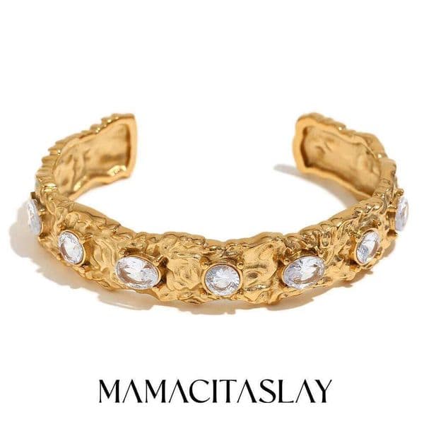 MamacitaSlay Luxury Titanium Round AAA Zircon 14mm Width Irregular Cuff bangles stainless steel bracelet women Jewelry Z260307