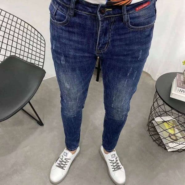 Autumn Winter Sticker Dark Blue Slim Fit Cropped Jeans Men's Small Feet No Iron Spirit Guy Stretch Pencil Denim Designer Pants W260307 thumbnail 2