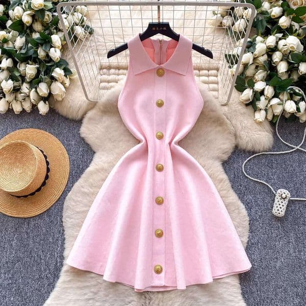 2026 Designer Luxurious and Unique Buckle Collar Sleeveless Elegant Women's Spring/Summer New Style Waist Slimming A-line Short Skirt