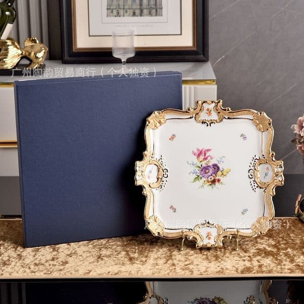 European porcelain square tray luxury home gilt living room large dim sum plate heavy industry plate decoration plate