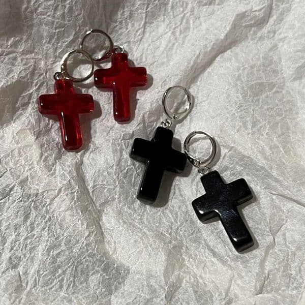Punk Red Cross Glass Pendant Earrings for Men and Womens Punk Party Jewelry 260302