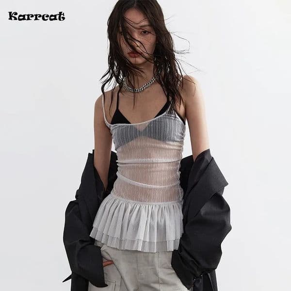 Karrcat Y2k See Through Tank Tops Women Korean Fashion Fairycore Crop Female Harajuku Aesthetic Sexy Kpop Clothes Summer 250305
