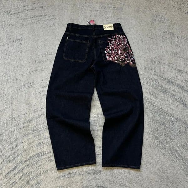 Hip Hop Cherry Blossom Embroidered Jeans Vintage Low Waist Wide Leg Trousers Y2K Clothes Mens Womes Embroidered Baggy Jeans 260304
