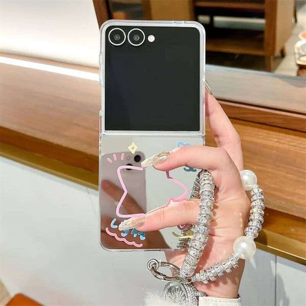 Korean Cute Star Love Print Mirror Phone Case For Galaxy Z Flip 7 6 5 4 3 Flip6 Flip7 Cover with Chain Kawaii Cases Capa H260305