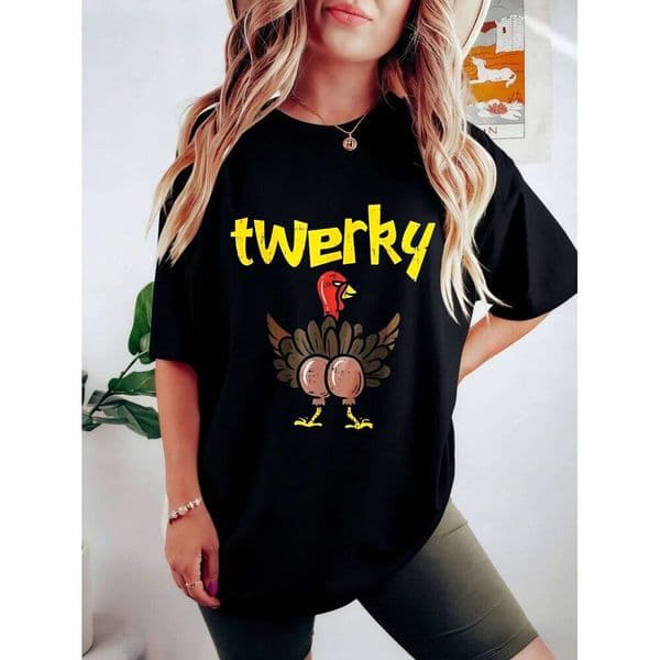 Womens Funny Twerky Turkey Graphic Oversized Cotton Short Sleeve T Shirt Women Casual Everyday Tshirt Gift for Her XJ260306