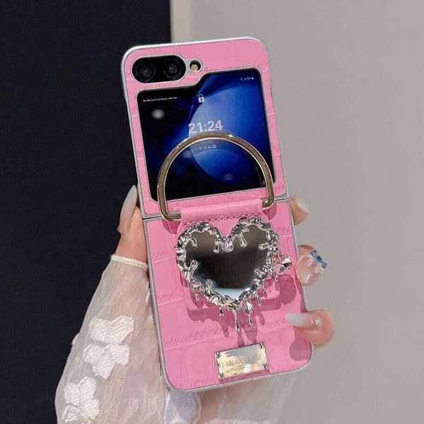 Cute Love Heart Mirror Crocodile Pattern Case for Galaxy Z Flip 7 6 5 4 3 flip7 Zflip Ring Holder Bracket Leather Cover H260305