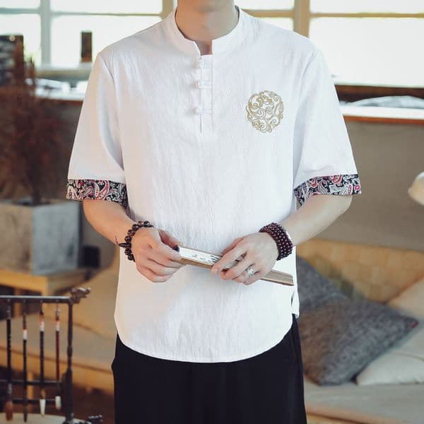 Linen Short Sleeve T Shirt Men V Neck Loose Half Sleeve Chinese Style Retro Tang Suit Fashion Plus Size Cotton Linen Men's Clothing
