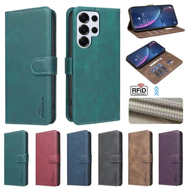 S26 Ultra RFID Blocking Leather Wallet Case For Samsung S25 Edge FE S24 Plus A27 A57 A37 A56 A36 A17 A26 A07 A16 A06 A15 PU Flip Cover Credit ID Card Slot