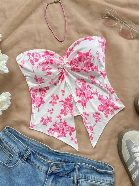 Floral Print Twist Knot Crop Top for Women Summer Sexy Off the Shoulder Ruched Tube Tank Streetwear Y2K Clothes 260302BANJIA