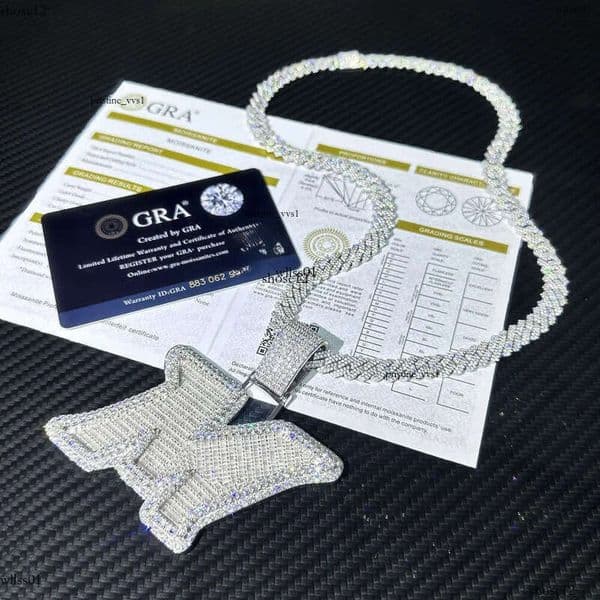 Necklace Iced Out Moissanite Dia Sier Round Mix Baguette Initial m Letter Pendant with 8mm Cuban Chain