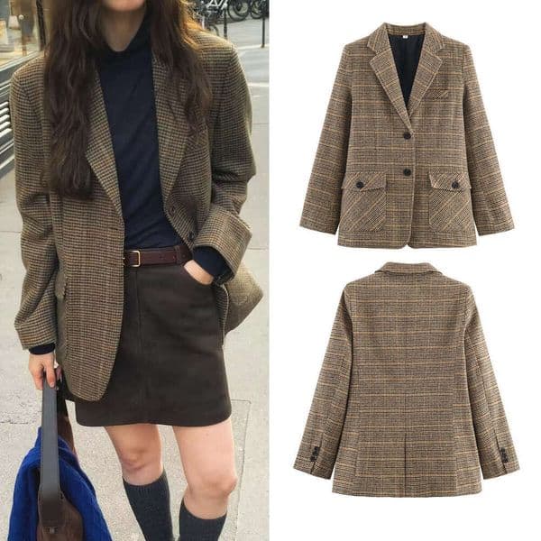 Woman Clothes Vintage Houndstooth Loose Blazer For Women Single Breasted With Buttons And Pockets Autumn Winter Workwear Blazer