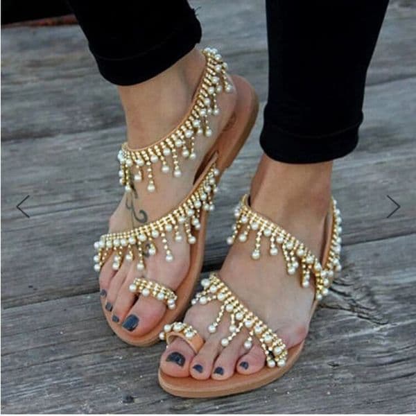 Boho Slide Sandals for Women Flat Rhinestone Sandals, Plus Size Available Open Toe Beach Roman Sandals, Slip On Comfort Shoes