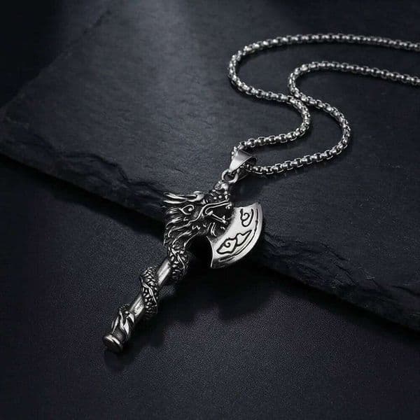 Vintage Style Axe shape Dragon Pendant Necklace For Men Women Stainless Steel Neck Chain Silver Color Fashion Jewelry Punk Rock