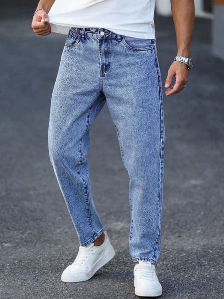 Mens light blue washed denim trousers are simple casual and fashionable slimfitting to show long legs versatile 260309