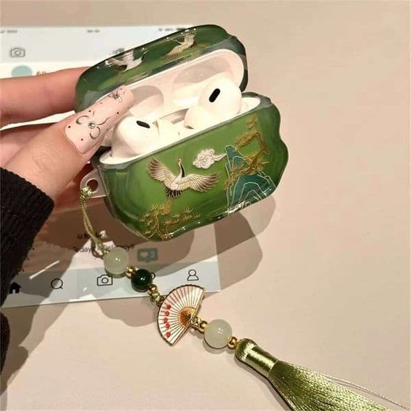 Luxury Cute Tengyun Crane Folding Fan Pendant Headphones Case 1 3 4 Protective Shell Soft Cover For AirPods Pro 2 26Y0309