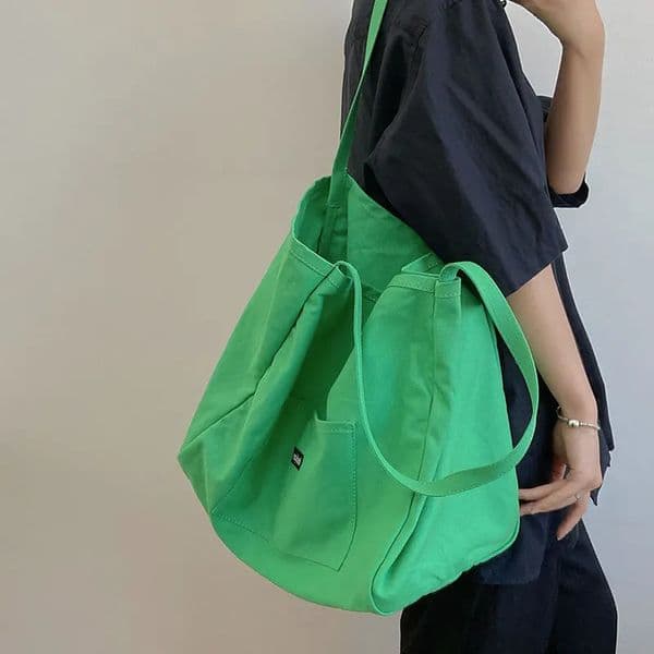 26ss Canvas Bag Reusable Shopping Shoulder Bag Women Simple Casual Daily Use Handbag Female Portable Folding Purse