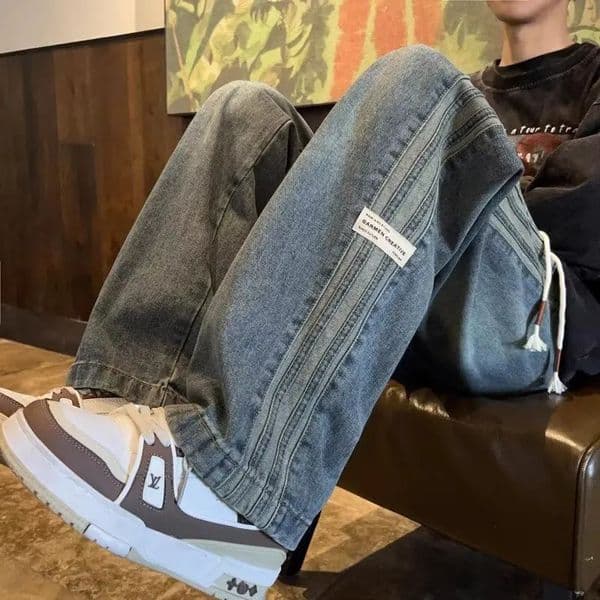 Three bar American retro jeans mens spring and autumn style high street elastic waist loose casual straight leg long 260309