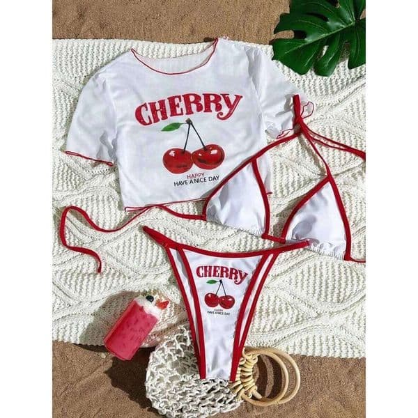 Cherry Print Mesh Short Sleeve Mini Female Swimsuit Women Swimwear Three-pieces Bikini Set Bathing Suit Swim Beachwear H260309