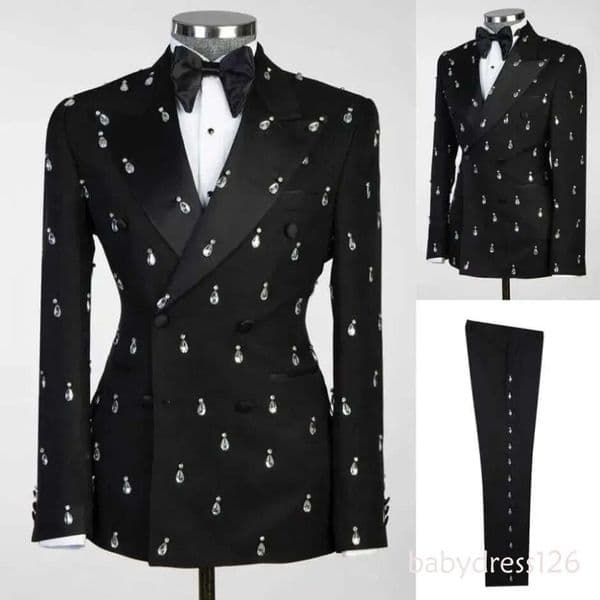 Slim Fit Rhinestone Men Two Pieces Sets Pants Coat Peaked Lapel Wedding Tuxedos Double Breasted Business Formal Groom Wear Custom Made N27