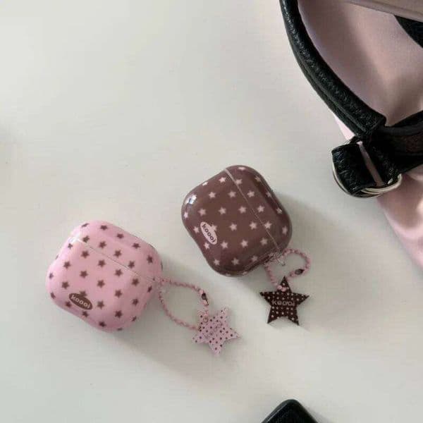 IMD Pink-Coffee Stars Earphone Anti-fall Cover Case with Hook for Airpods Series 1, 2, Pro/pro2/pro3, 3, 4, Dustproof, 26Y0309
