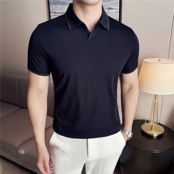 Men Polo Shirt Short Sleeved Summer Ice Silk Light Thin Soft Solid Casual Elastic Slim Fit T-shirt Daily Wear Streetwear Top 260304