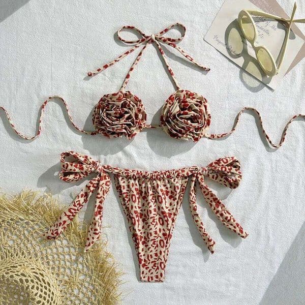 Para Praia 3D Flower Halter Strappy Women Swimwear Female Swimsuit Two-pieces Bikini set Brazilian Beachwear H260309