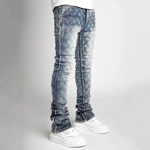 Blue Stretchy Pearls Skinny Jeans For Men Fashion Rhinestone European Street Personality Stacked Denim Pants 260307