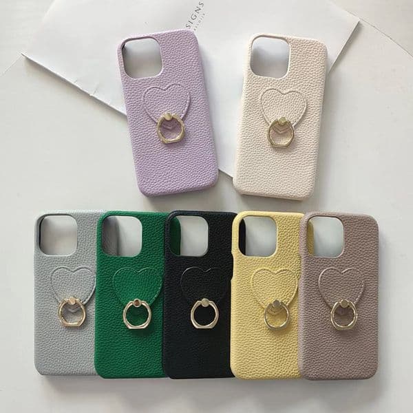 Leather Heart Ring Bracket Phone Case For Iphone 17 16 15 14 13 Pro 12 11 Max Plus 16Pro Lychee Texture 16Promax Phone Case 15Pro 15Promax 14Promax Cover 13Pro Shell