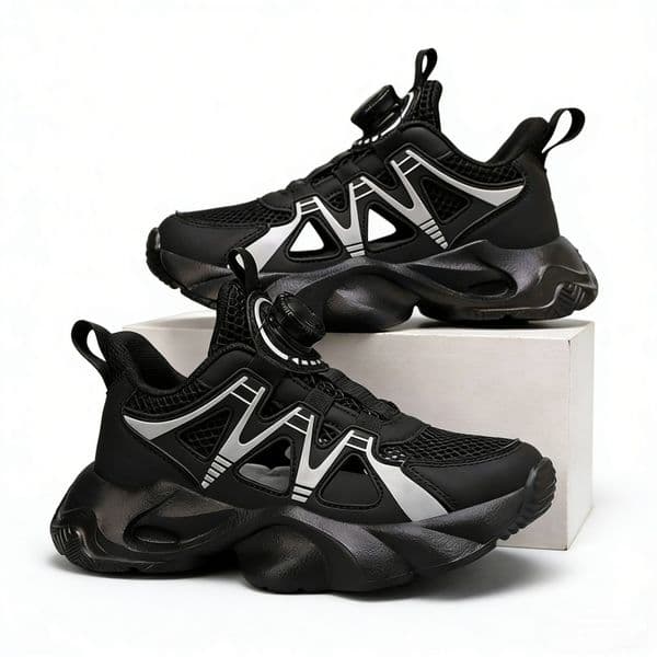 Free shipping Kids Breathable Mesh Sneakers Boys Rotating Buckle No Tie Laces Black white Non-slip Casual Chunky Shoes Spring and summer