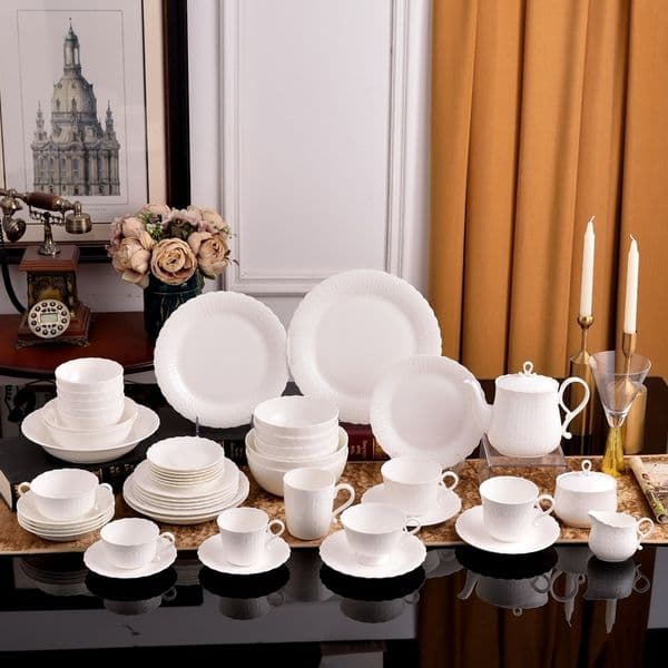 Silk white relief Western food flat plate rice bowl soup bowl tableware coffee cup tea set for home use