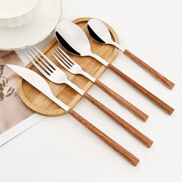 16/24/30Pcs Stainless Steel Wooden Handle Cutlery Set Dinnerware Clamp Western Tableware Knife Fork Tea Spoon 260304