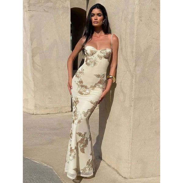 Weird Puss Flower Embroidery Maxi Dress Women Low-Neck Cross Bandage Backless Summer Street New Trend Skinny Elegant Vestidos 26W0309